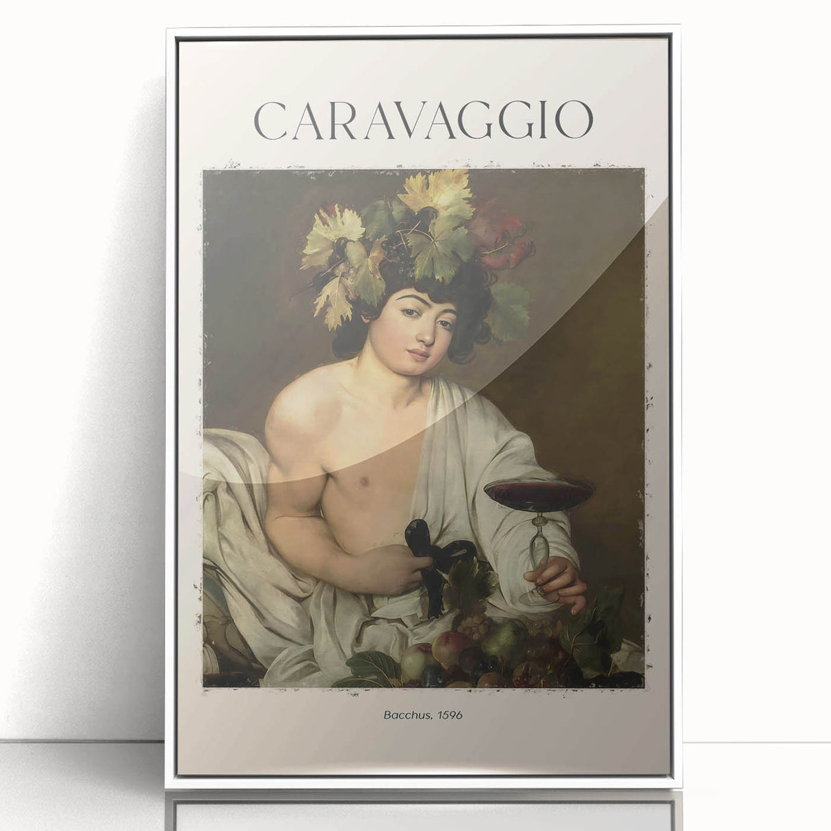 Large art print of Caravaggio-inspired scene in muted earth tones, framed in white acrylic.