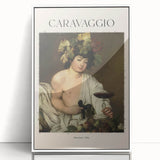 Large art print of Caravaggio-inspired scene in muted earth tones, framed in white acrylic.