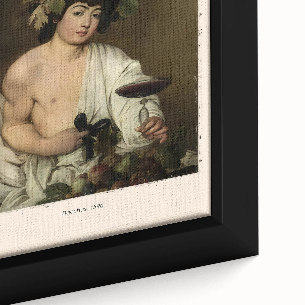 Extra large framed canvas depicting a close-up of a Caravaggio-inspired scene, featuring textured black and colorful art.