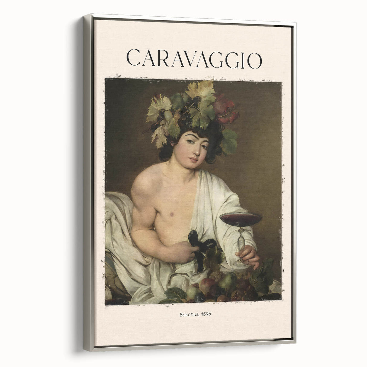 Vintage poster art of Caravaggio's work in a silver-framed canvas, featuring muted color tones, ideal for living room decor.