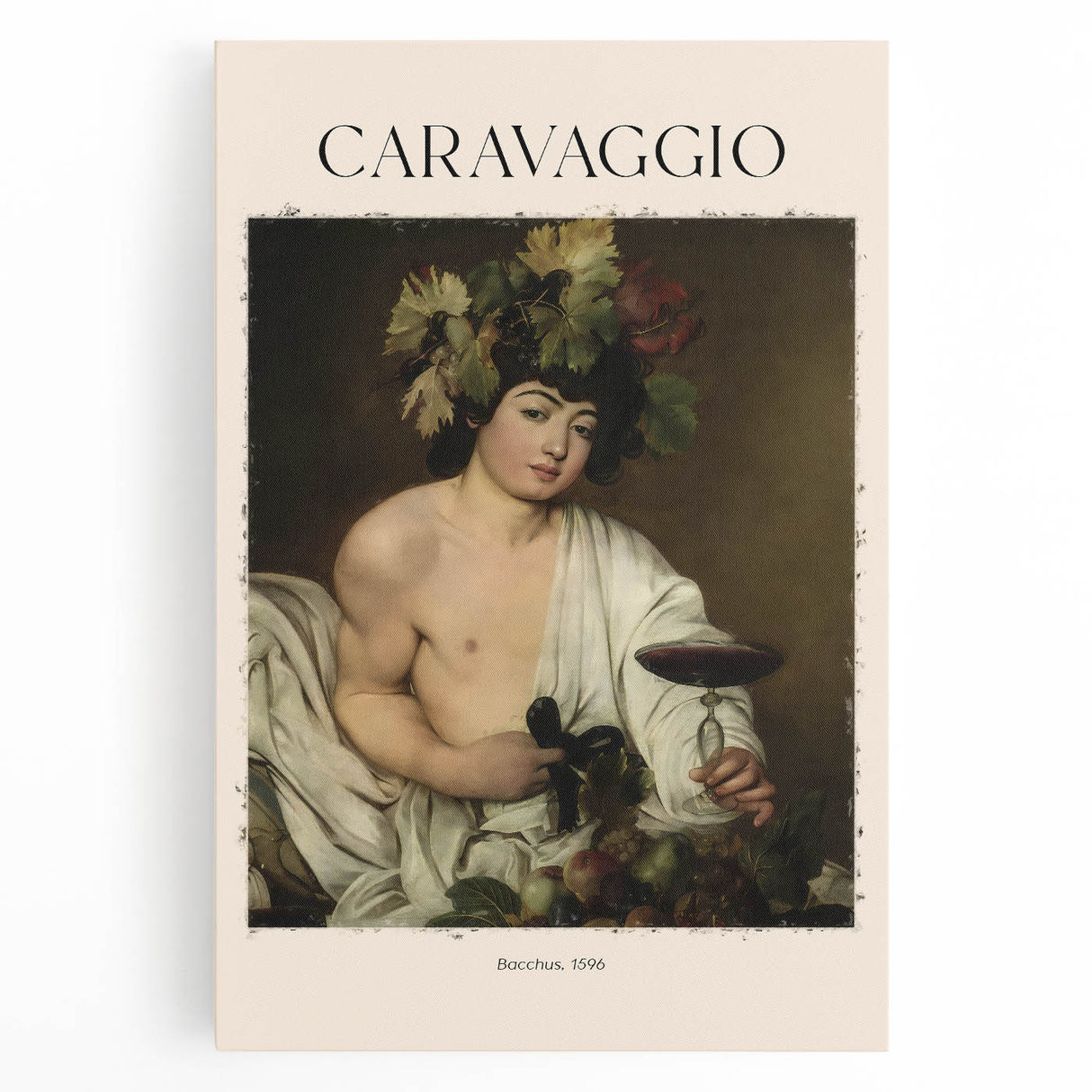 Black and white depiction of a Caravaggio painting on stretched canvas, ideal for kitchen wall art.