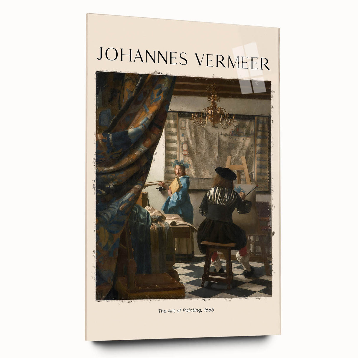 Acrylic print of a Johannes Vermeer-inspired scene with soft blue and golden hues, ideal for bedroom or dining room art.