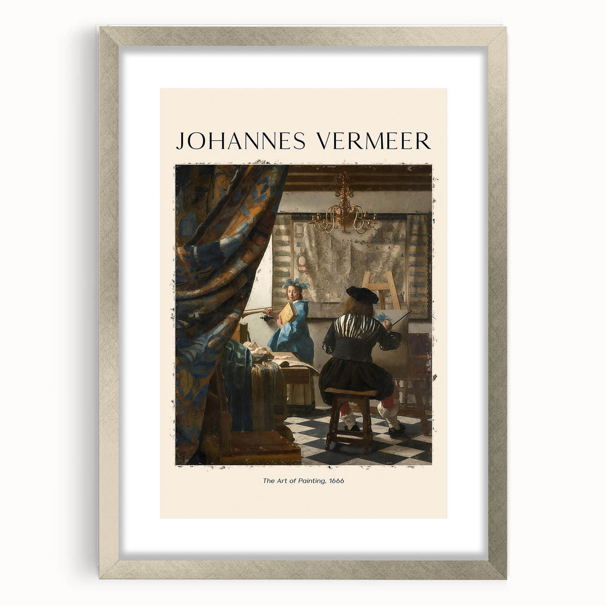 Abstract art print of Johannes Vermeer-inspired design in muted blue and silver tones, framed with a silver mat.