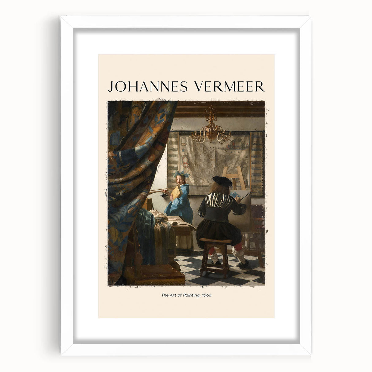 Extra large white-framed Johannes Vermeer replica with abstract, textured art print, suitable for living room decor.
