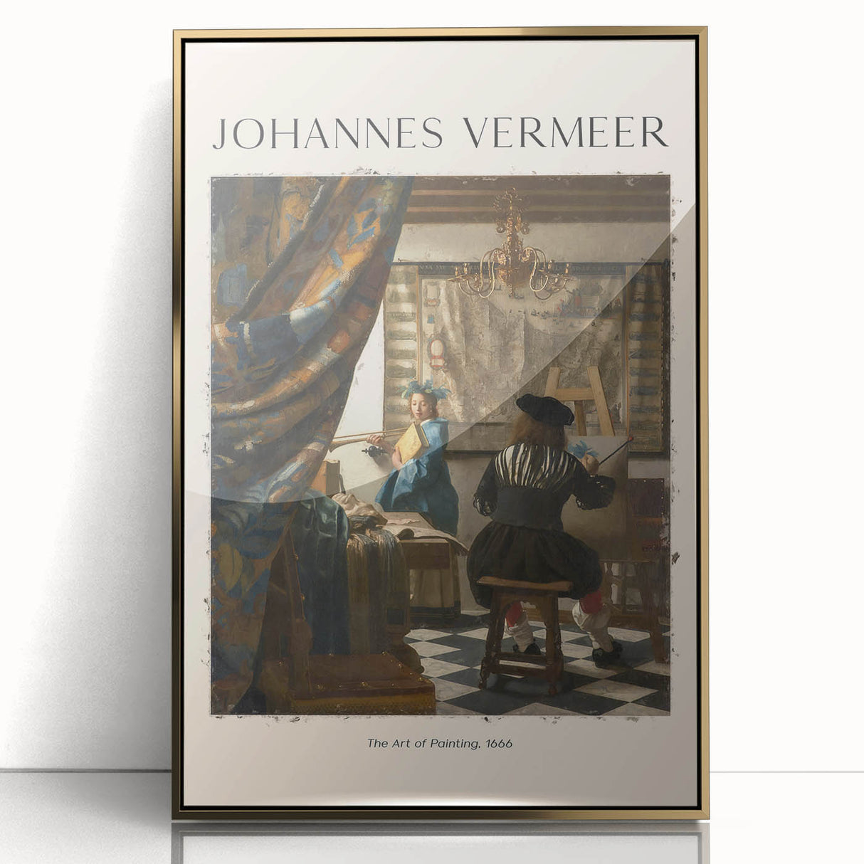 Framed acrylic print of Johannes Vermeer-inspired artwork, featuring mid-century modernist style with soft pastel colors.