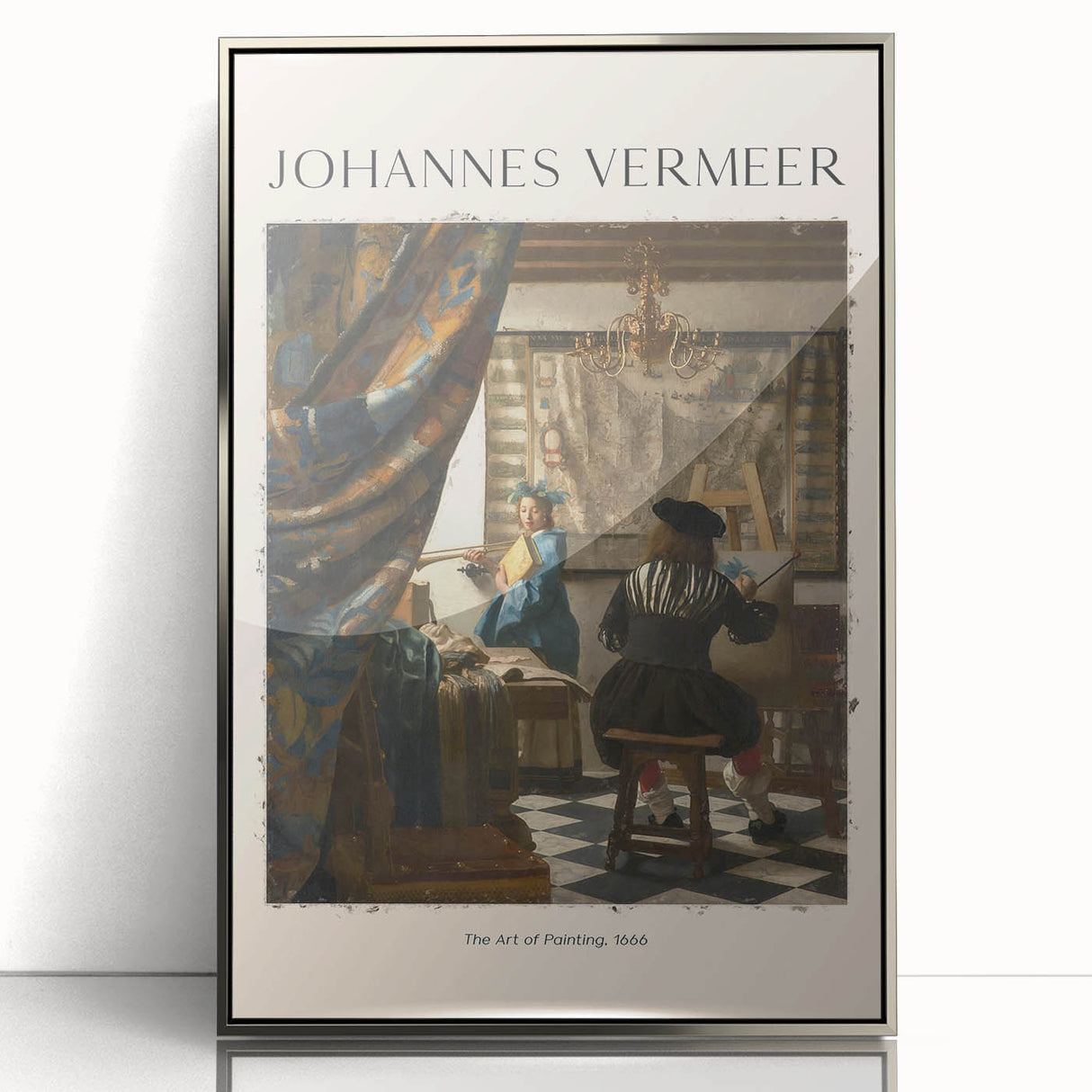 Art deco poster featuring a Johannes Vermeer design in muted blue and silver tones, acrylic framed.