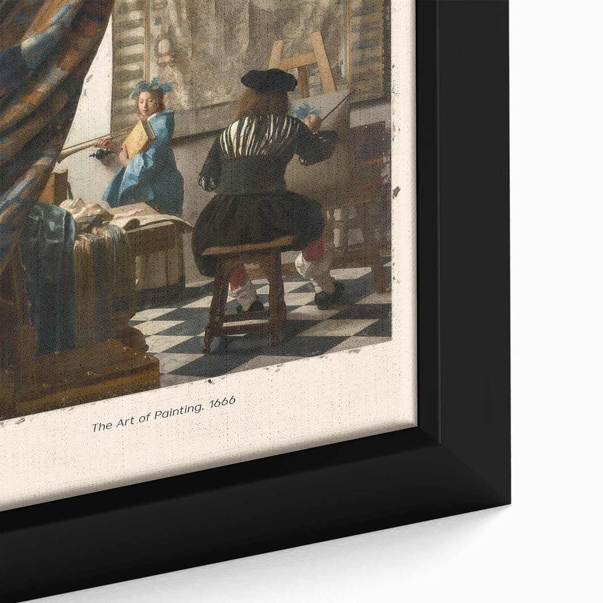 Extra large framed canvas featuring a close-up of Johannes Vermeer's style, with textured black and colorful art.
