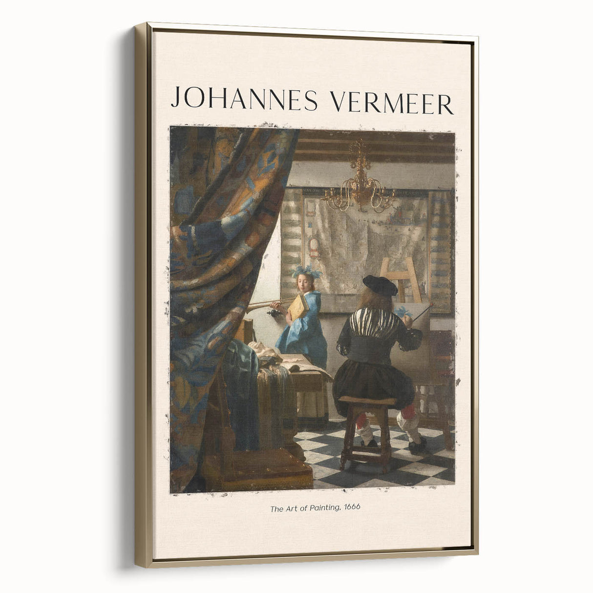 Framed canvas of Johannes Vermeer's landscape painting, featuring vintage poster art in a black and colorful palette.