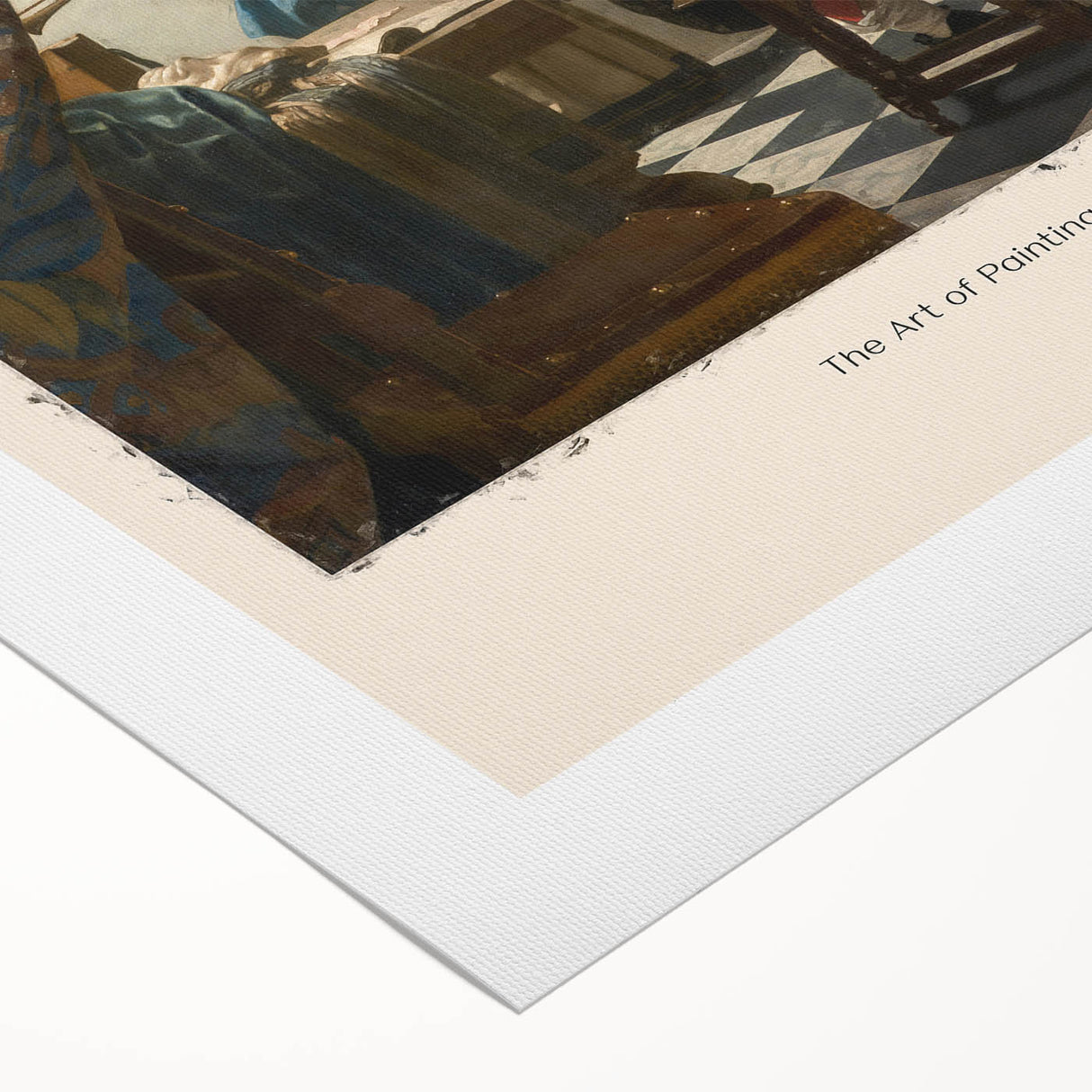 Art deco poster featuring a Johannes Vermeer-inspired scene in muted blue and cream tones, printed on rolled canvas.