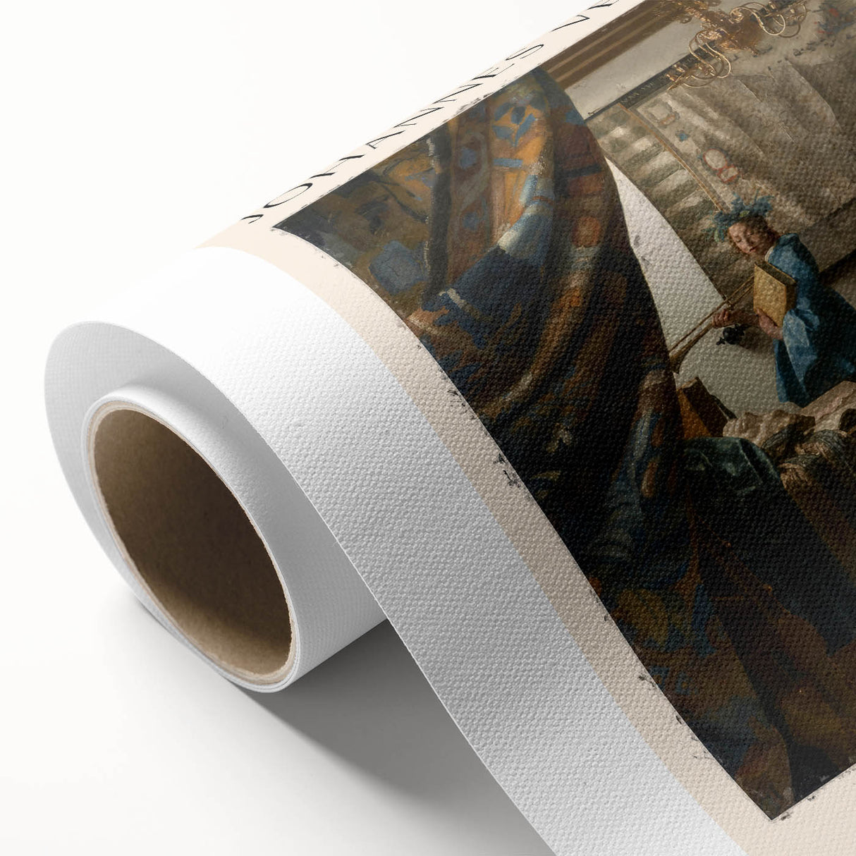 Art deco poster of a serene landscape on rolled canvas, featuring soft pastel colors, ideal for nursery wall art.