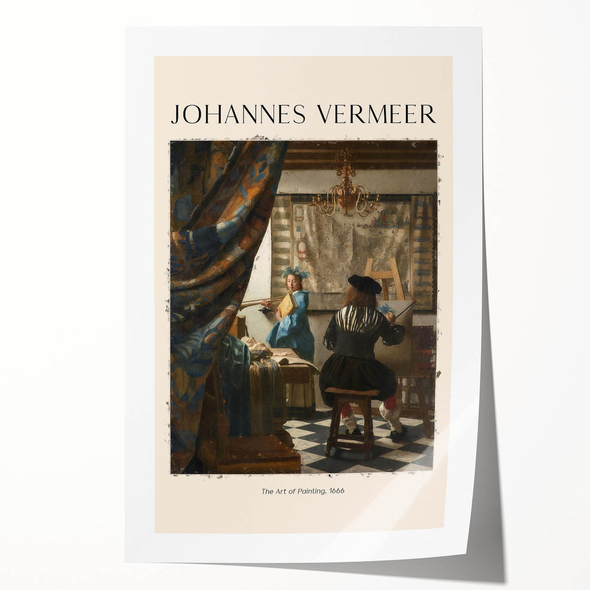 Rolled print featuring a floral design by Johannes Vermeer in soft blue and yellow tones.