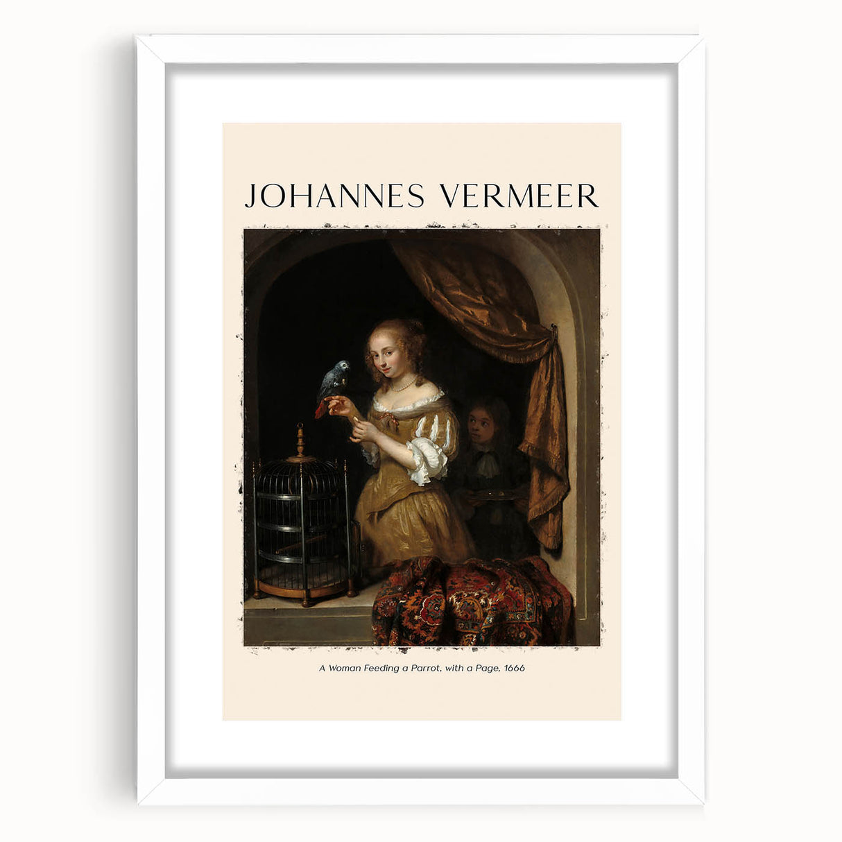 Extra large abstract art print of Johannes Vermeer's design, in a white frame with mat, featuring textured details.
