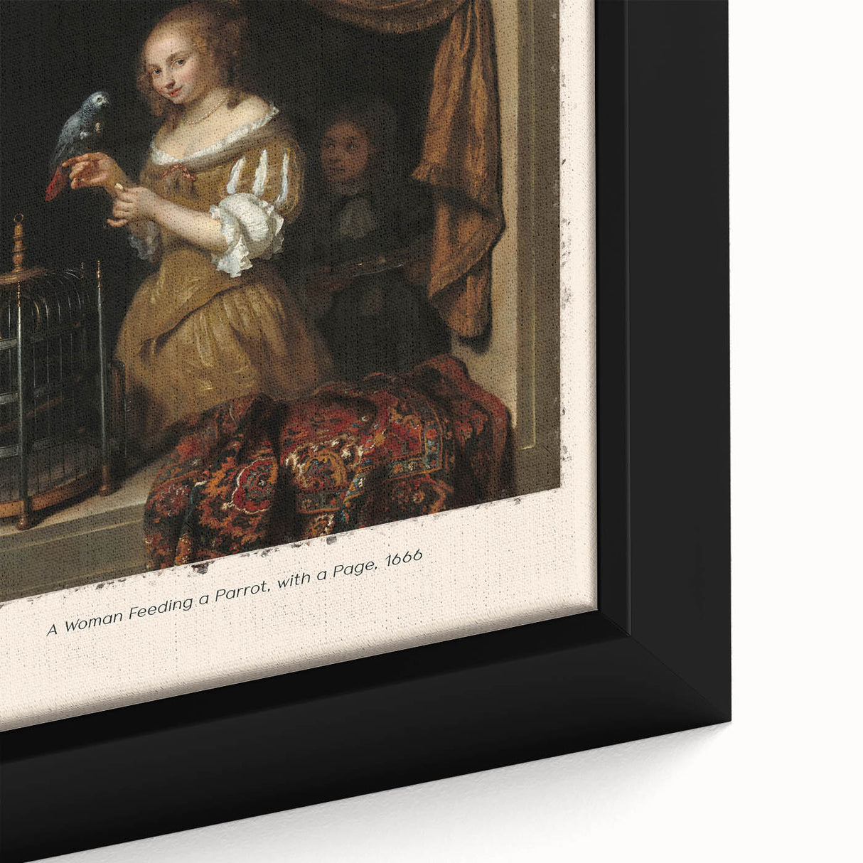 Black wall art featuring a close-up of a Johannes Vermeer-inspired painting on a framed canvas, with a textured.