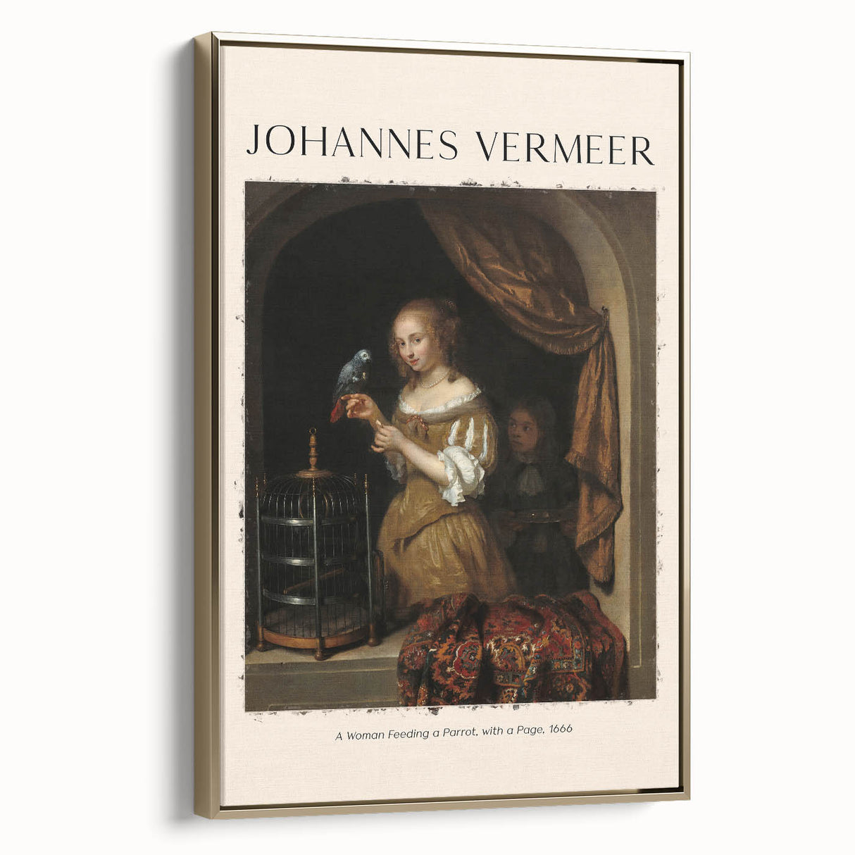 Framed canvas of a Johannes Vermeer-inspired landscape painting with vintage poster art elements.