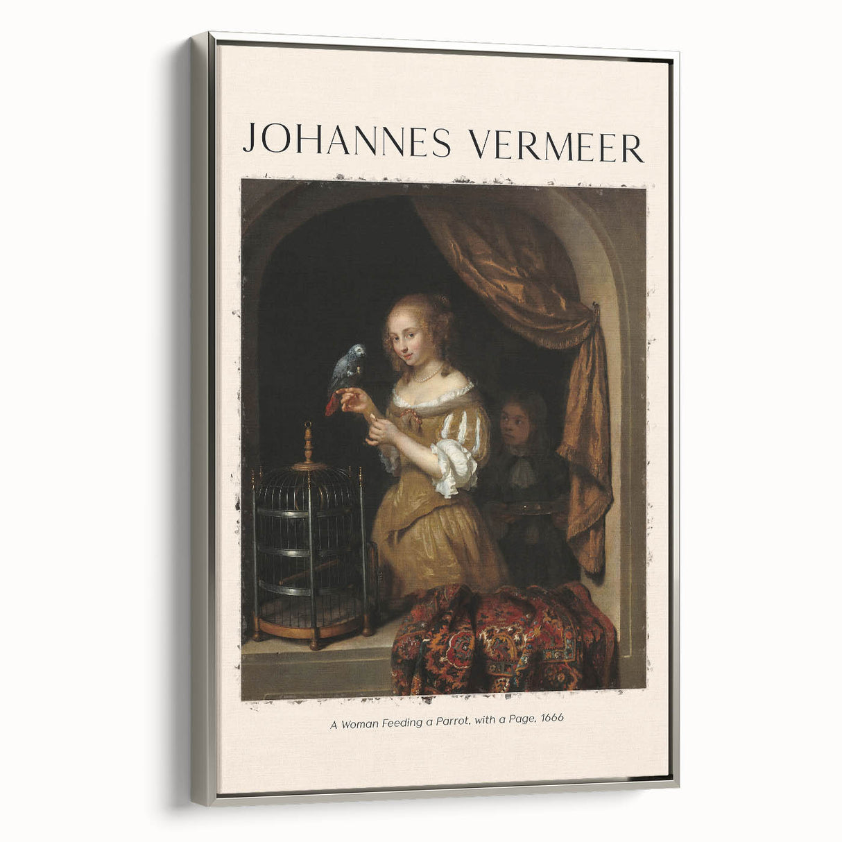 Vintage poster art of a Johannes Vermeer painting in silver frame, featuring dark tones with colorful accents.