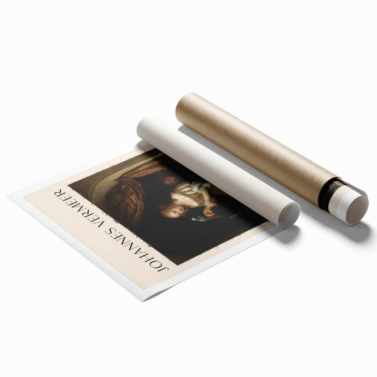 Extra large rolled print of a Johannes Vermeer-inspired floral artwork in muted tones, suitable for classy bathroom wall art.