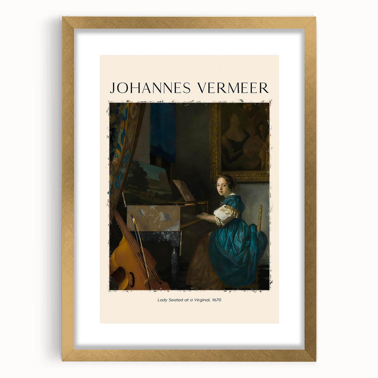 Textured abstract art print of Johannes Vermeer's design in a gold frame, suitable for bedroom decor.