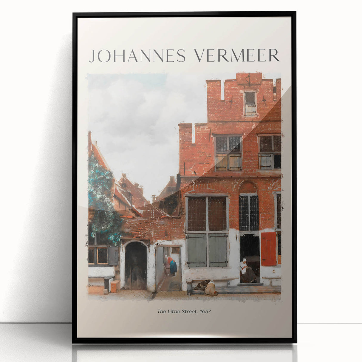 Large abstract wall art of a Johannes Vermeer-inspired scene in muted tones, framed in black acrylic.