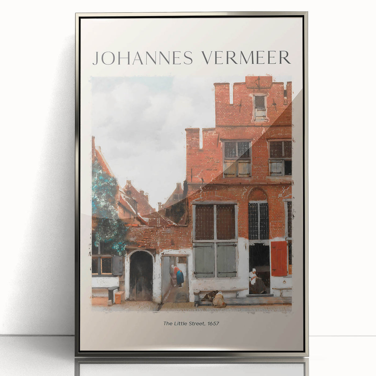Art deco poster of Johannes Vermeer's work in a silver frame, featuring muted color tones.