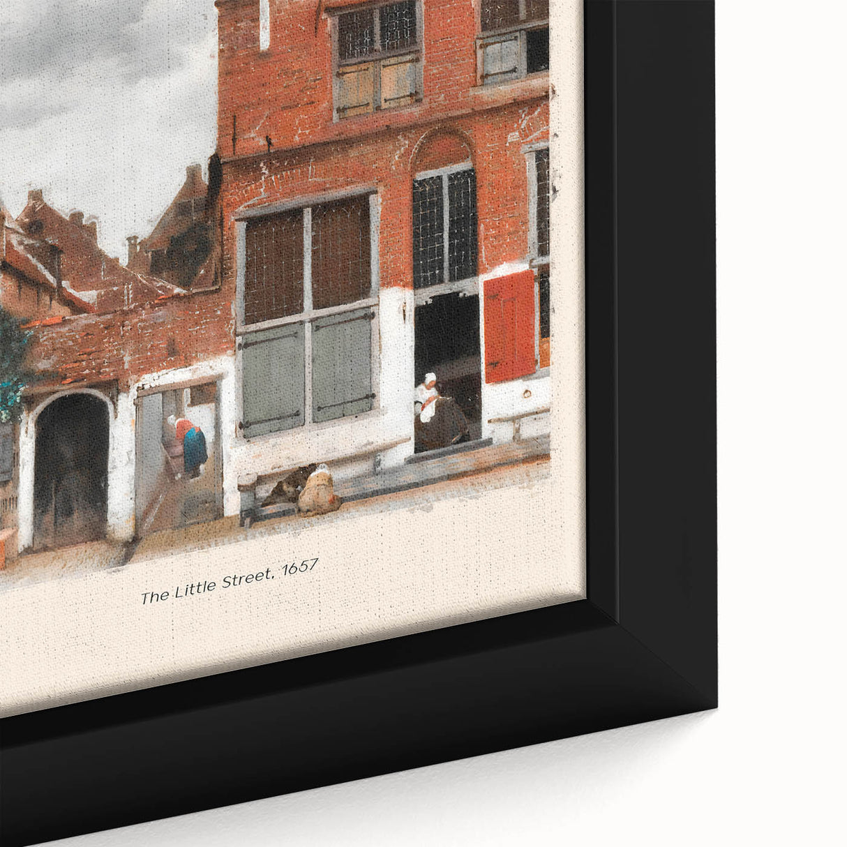 Close-up of a framed canvas featuring a textured, colorful art piece by Johannes Vermeer, ideal for living room decor.