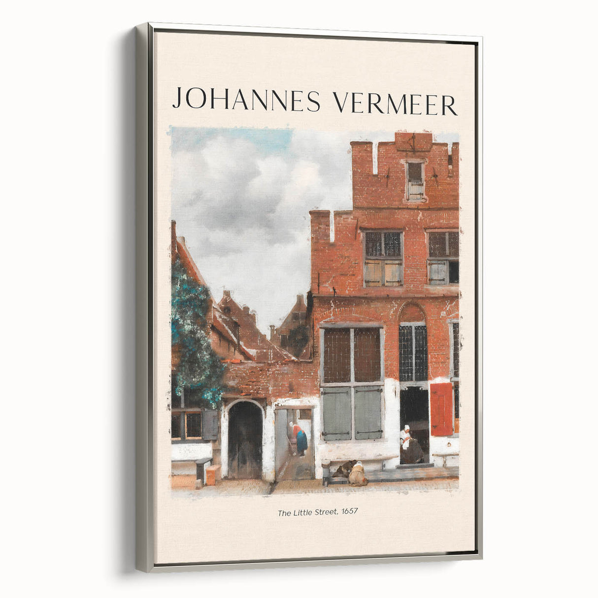 Vintage poster art of Johannes Vermeer's work on a framed canvas with muted silver border, ideal for living room decor.
