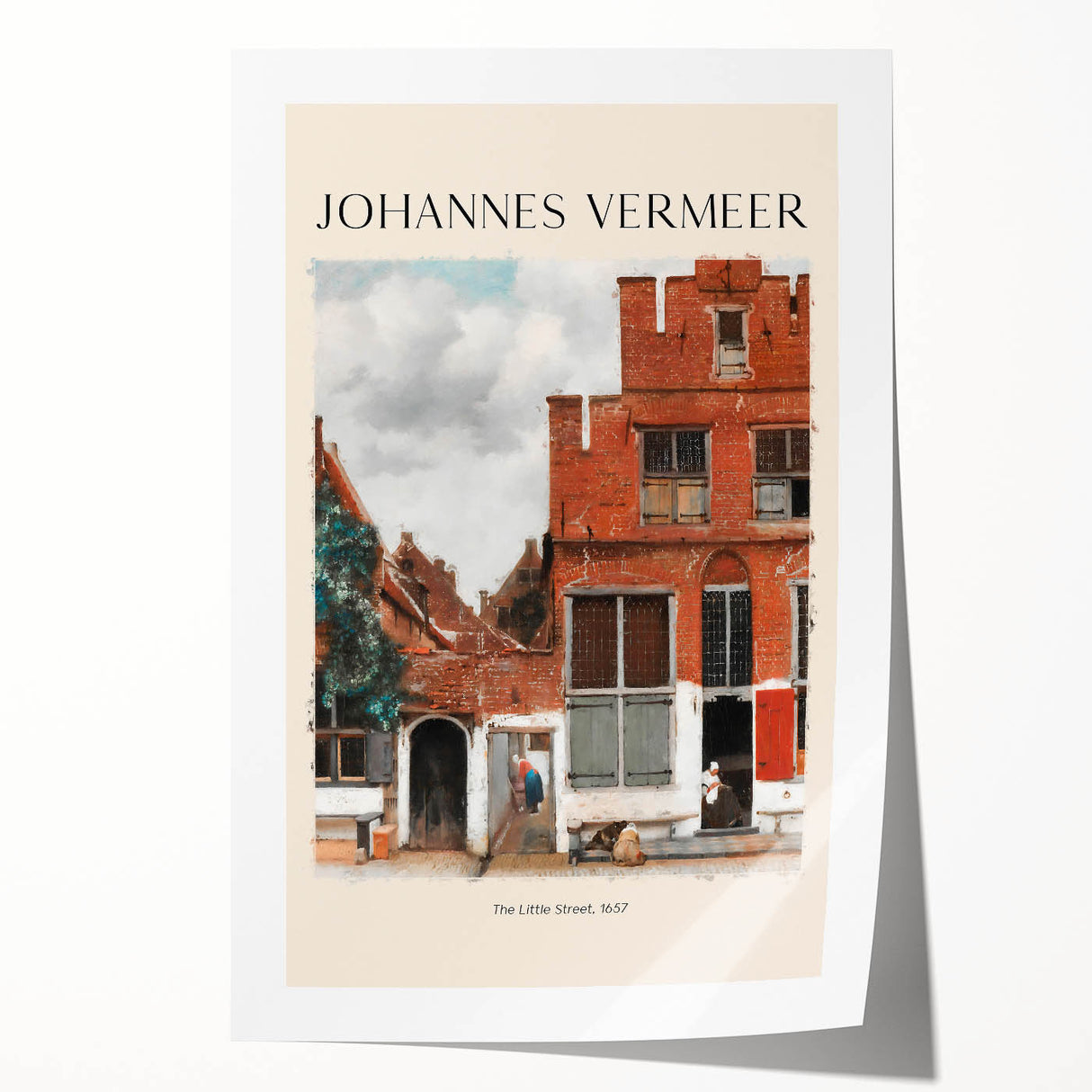 A rolled print depicting a Johannes Vermeer-inspired scene with soft pastel colors on canvas.