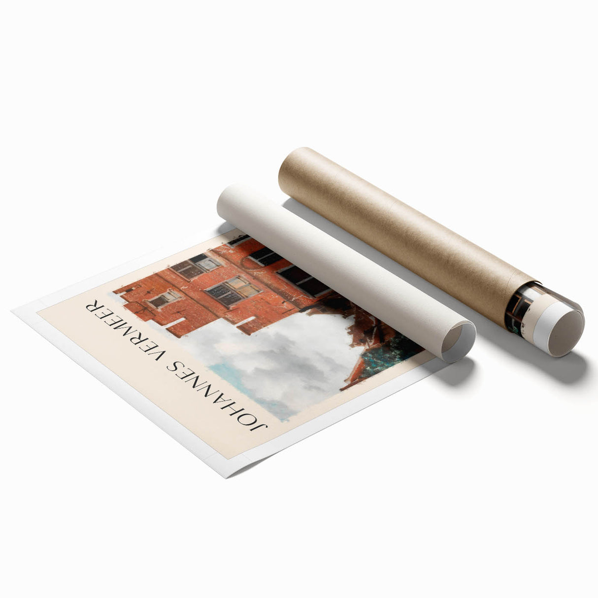 Extra large rolled print of a Johannes Vermeer-inspired floral painting in soft pastel shades.