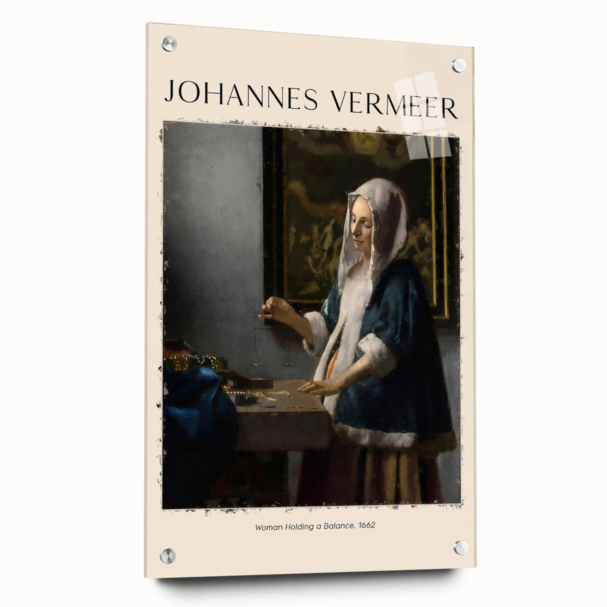 Acrylic print of Johannes Vermeer-inspired scene in soft blue and gray tones, suitable for bedroom or dining room decor.