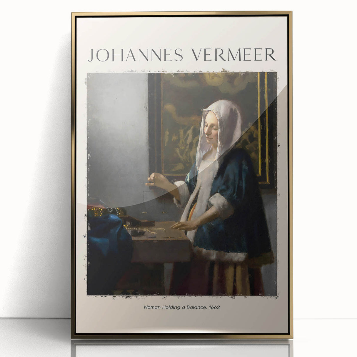 Mid-century modernist art of Johannes Vermir in acrylic with a gold frame, featuring soft pastel shades.