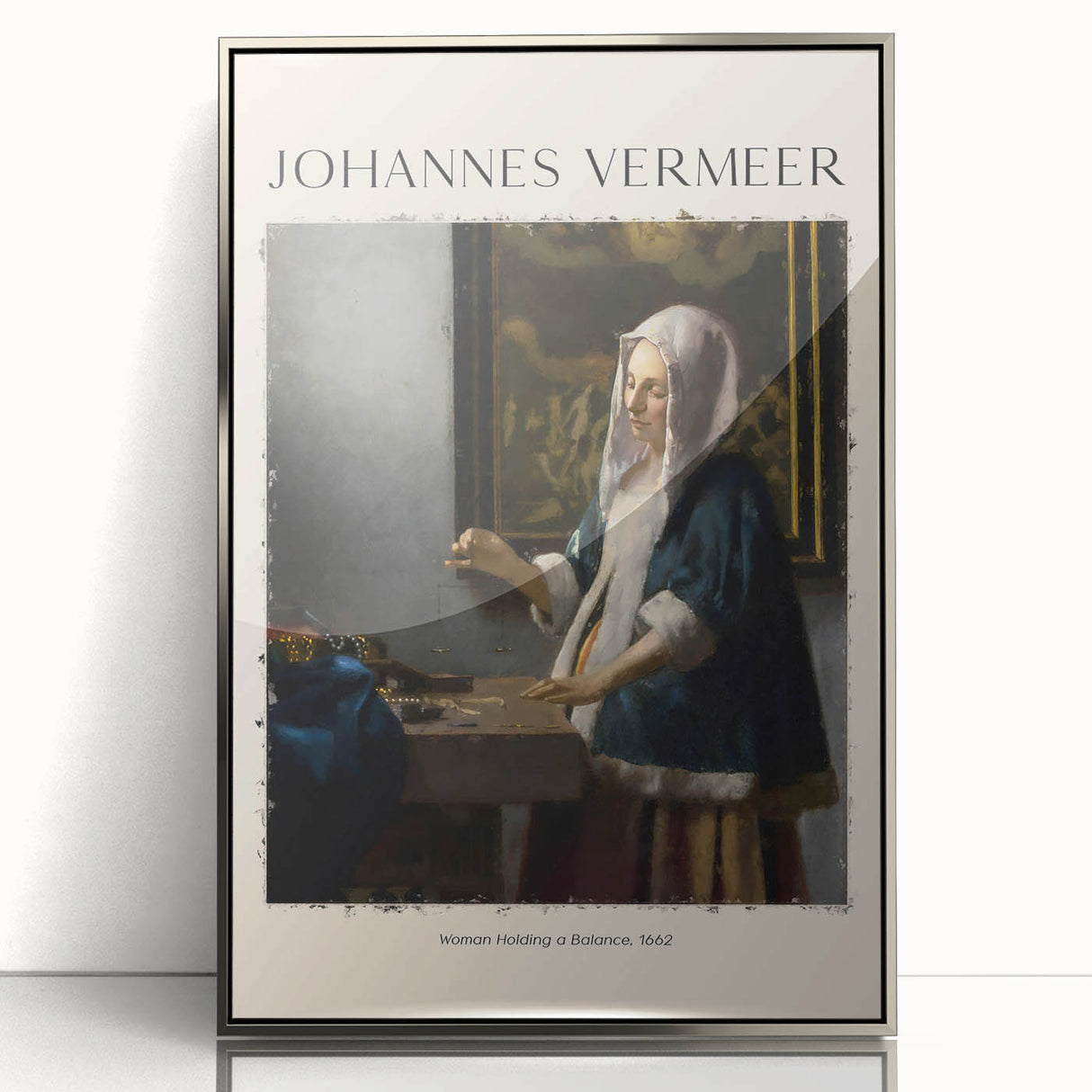 Art deco poster featuring a Johannes Vermeer painting, in a silver acrylic frame.