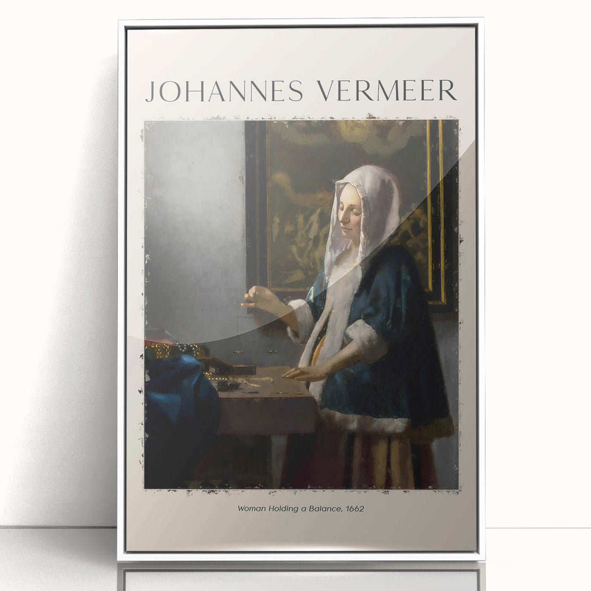 Mid-century modernist art, large print of a Johannes Vermeer painting in a white acrylic frame.