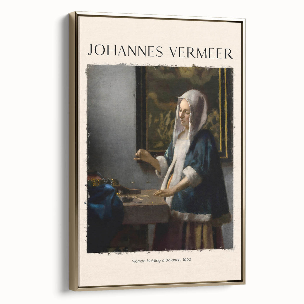 Framed canvas of a Johannes Vermeer-inspired landscape, featuring a gold frame and vintage poster art style.