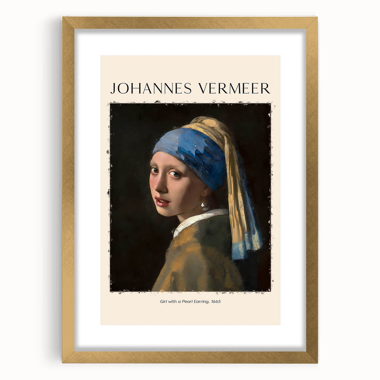 Textured abstract art print of early masters, featuring muted gold and blue tones on a framed canvas, ideal for bedroom art.