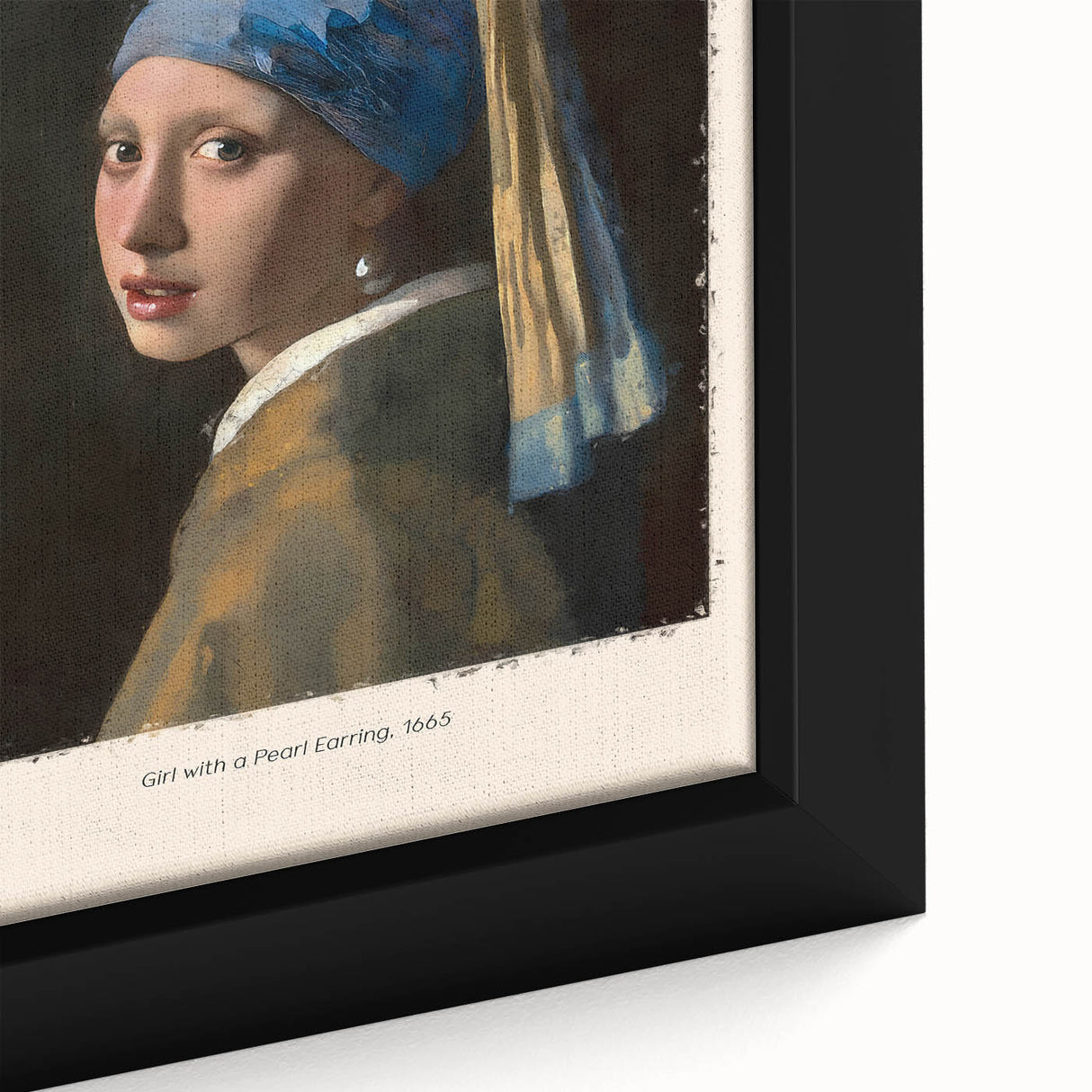Close-up of a framed canvas featuring a textured, colorful rendition of Johannes Vermeer's style.