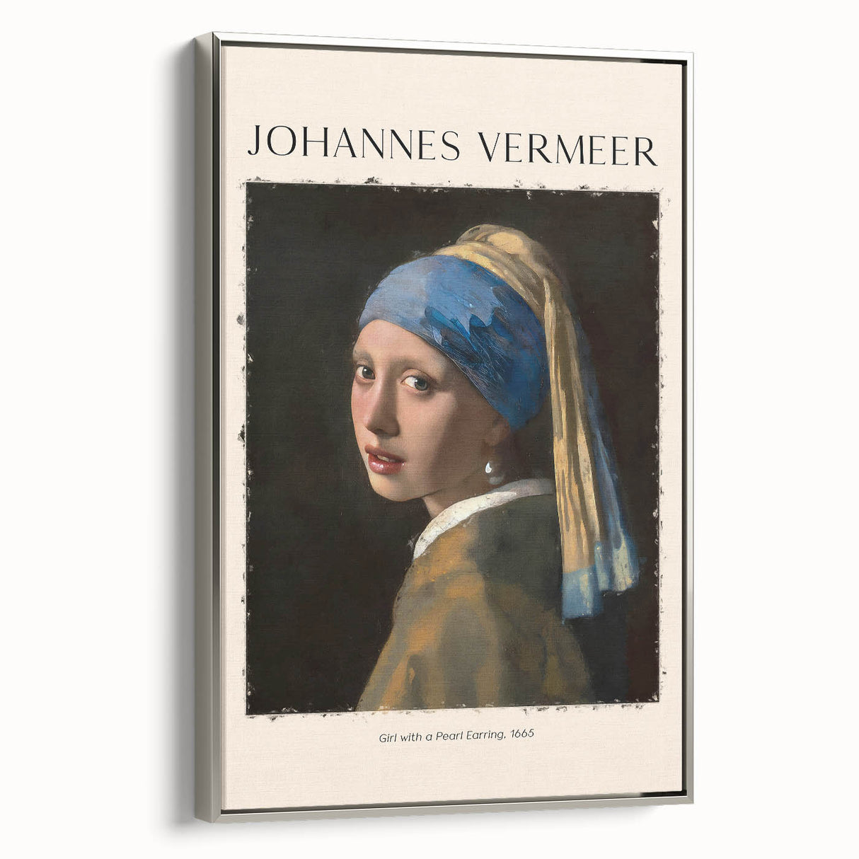 Silver-framed canvas of a vintage poster art featuring Johannes Vermeer's style in muted colors, ideal for living room decor.