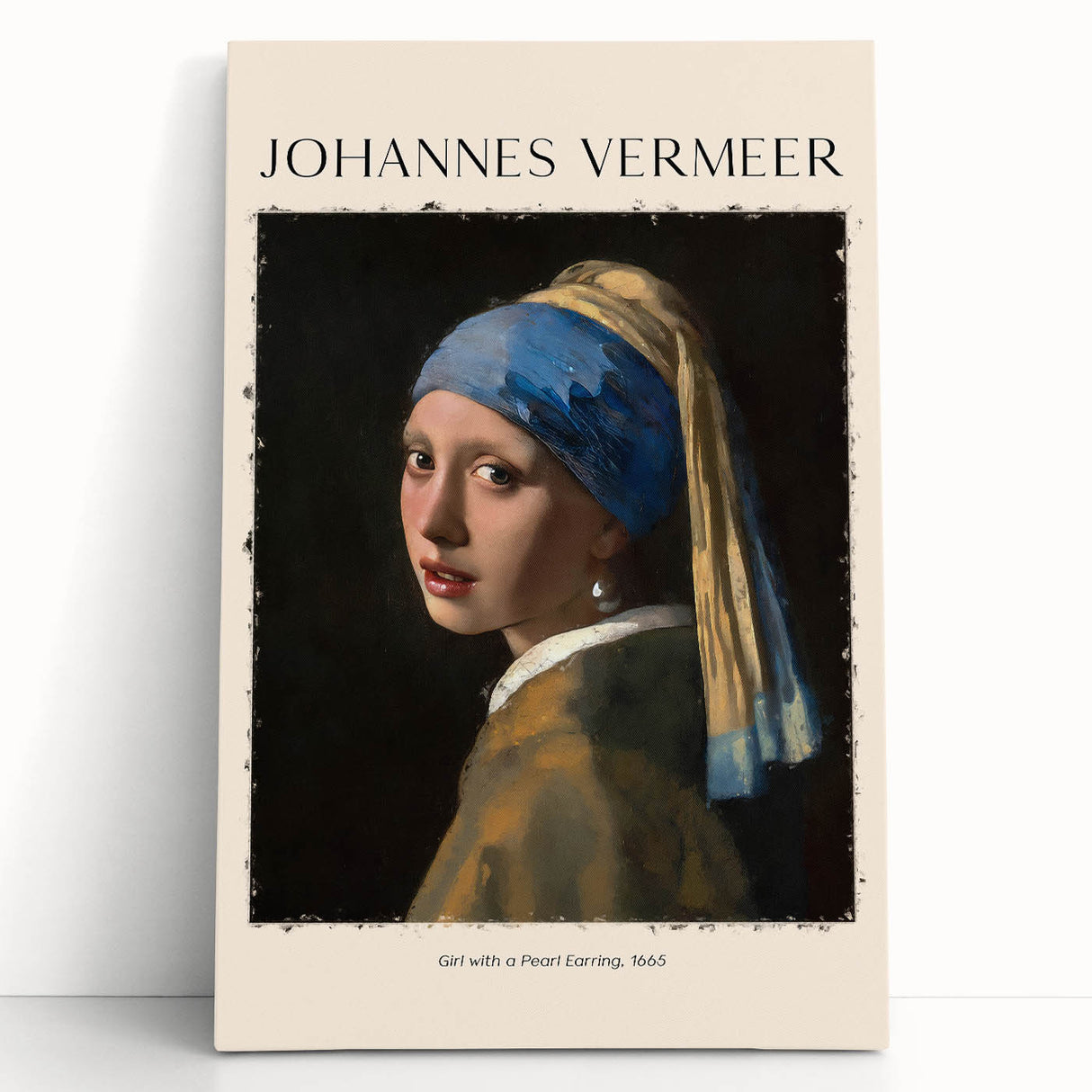 A black and white print of Johannes Vermeer's artwork on stretched canvas.