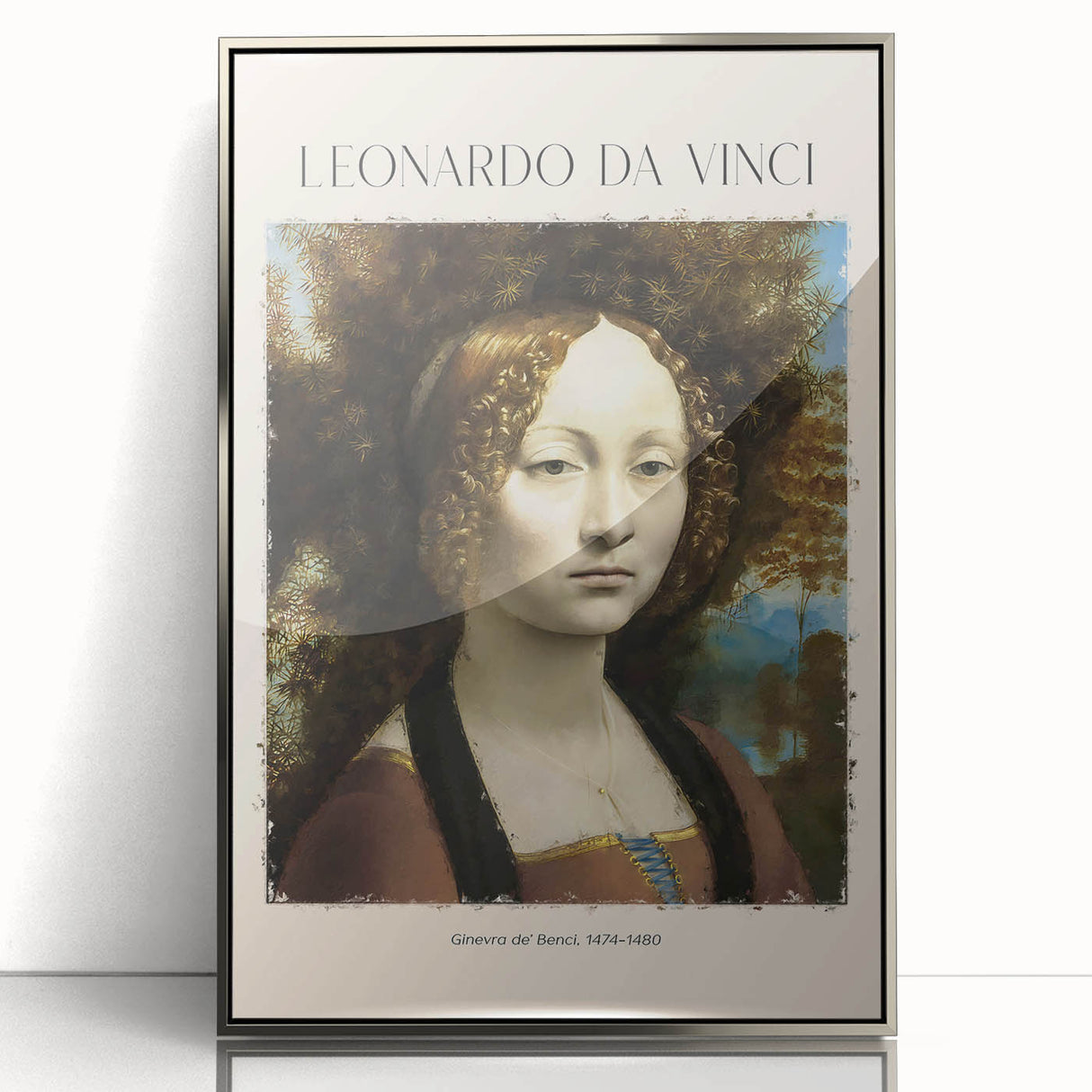 Art deco poster of Leonardo da Vinci in muted silver and gray tones, framed acrylic, suitable for modern nursery decor.
