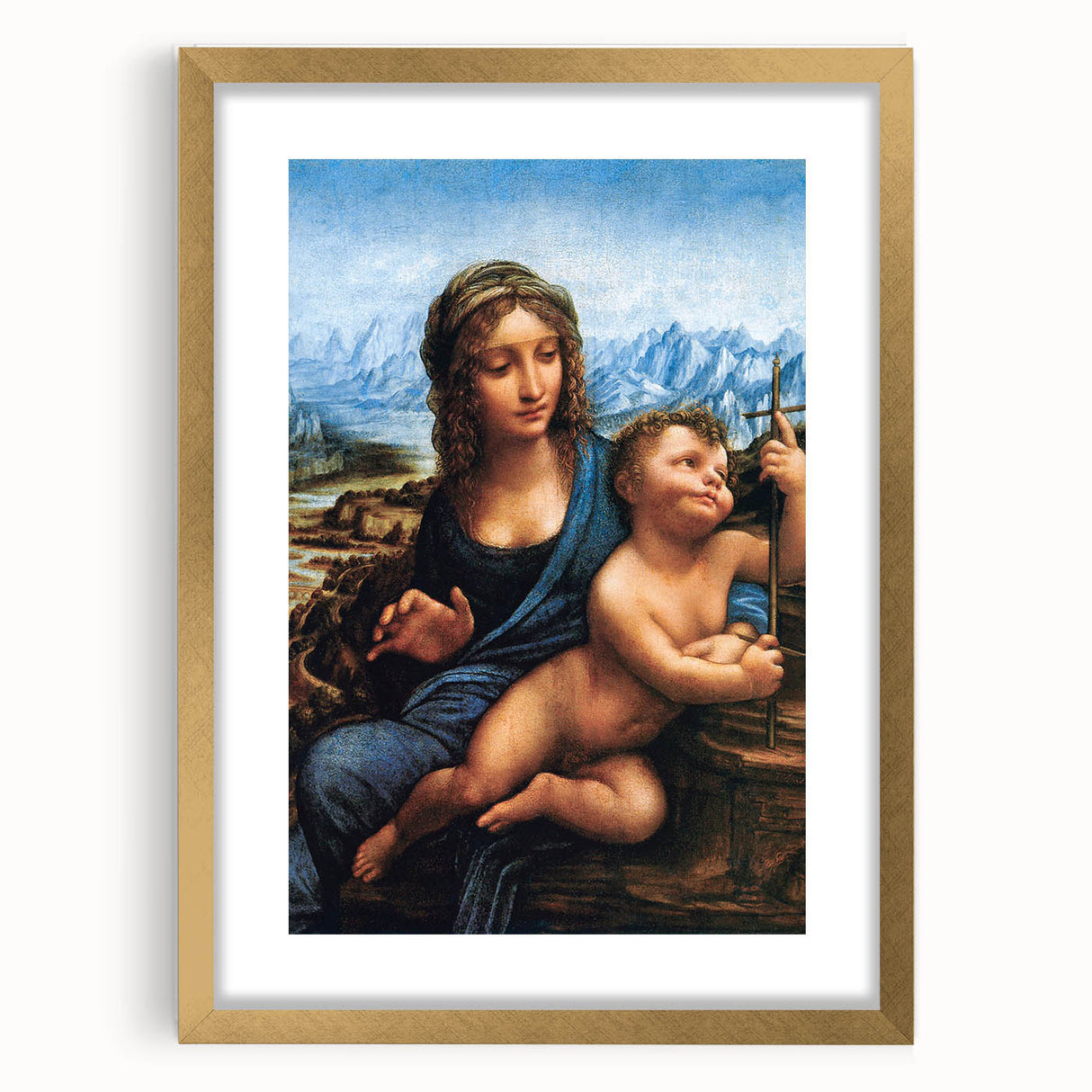 Textured art print featuring an abstract depiction of Leonardo da Vinci in muted browns and golds, framed in gold.