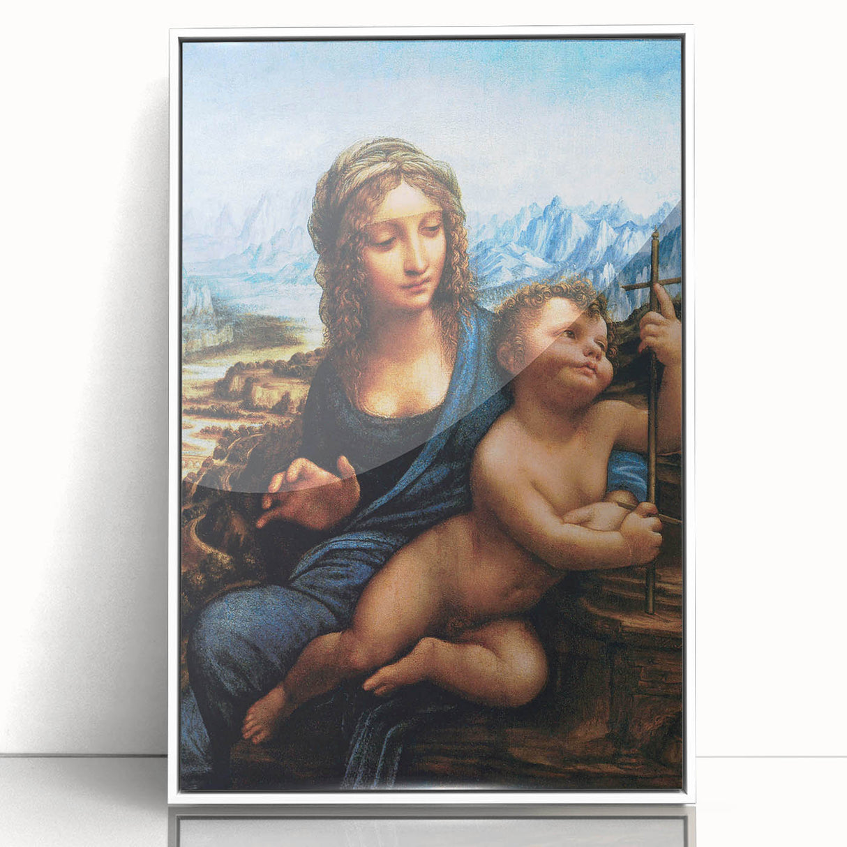 Acrylic print of a Leonardo da Vinci design in white frame, featuring mid-century modernist style.