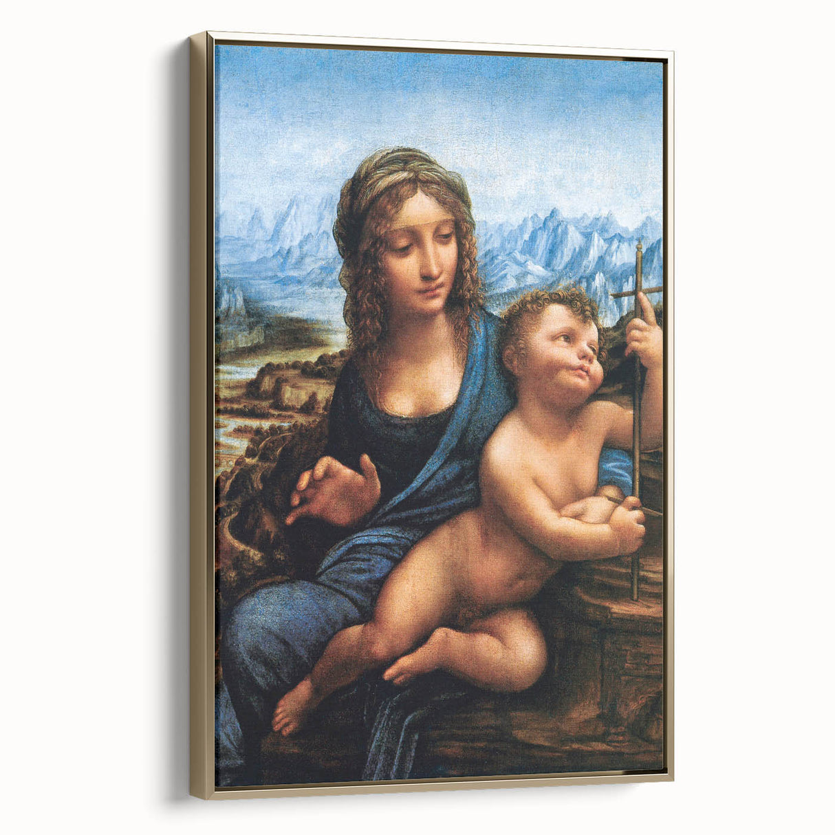 Framed canvas of a vintage-style Leonardo da Vinci landscape painting, featuring muted earth tones.