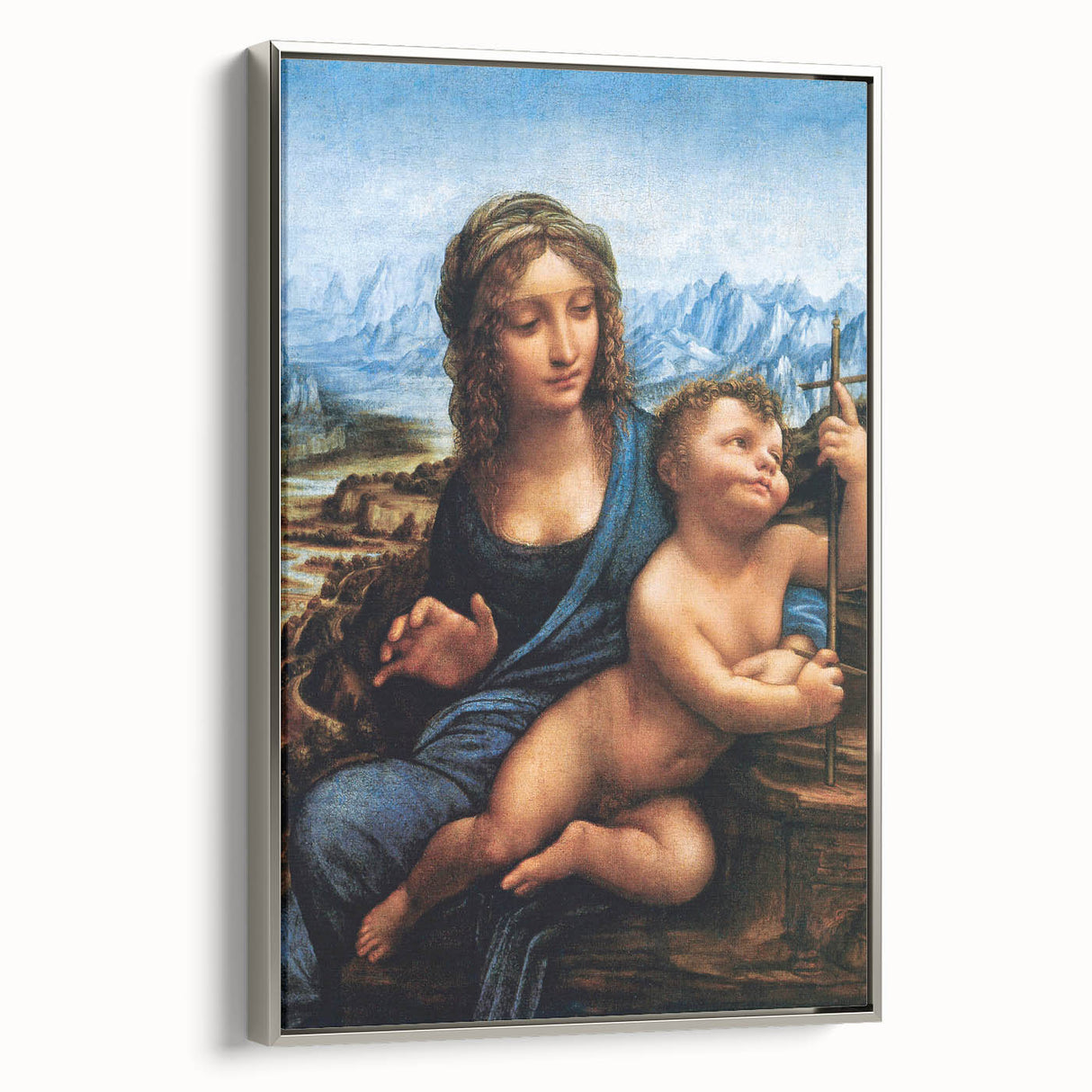 Vintage poster art of Leonardo da Vinci on framed canvas, featuring vibrant color accents, ideal for living room decor.