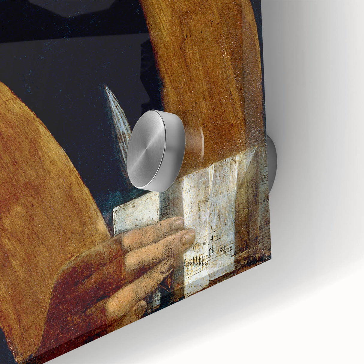 Mid-century modernist art print of an abstract design in muted earth tones on acrylic glass, ideal for dining room art.