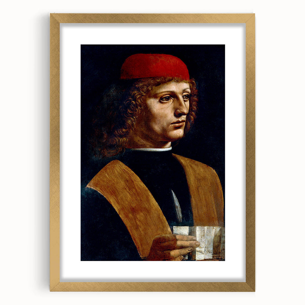 Textured abstract art print depicting early masters, in gold frame, suited for bedroom ambiance.