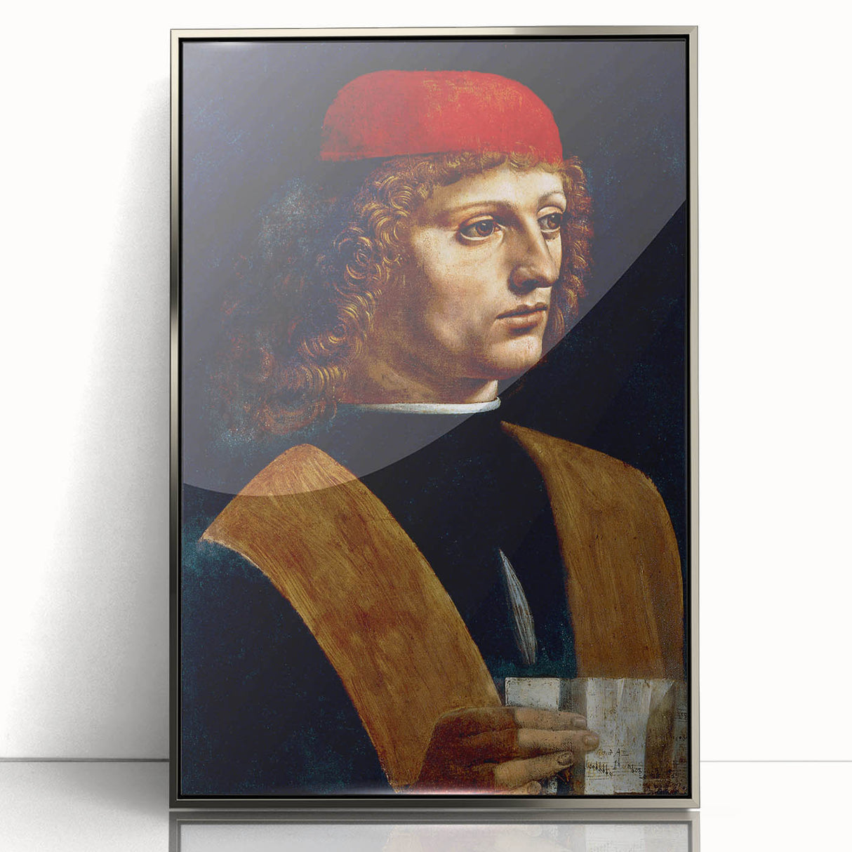 Art deco poster of Leonardo da Vinci in muted gray and silver tones, acrylic framed, ideal for modern art wall decor.