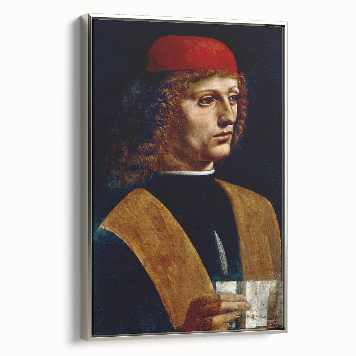 Vintage poster art of Leonardo da Vinci on framed canvas, featuring colorful art on black background, ideal for living room.