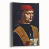 Vintage poster art of Leonardo da Vinci on framed canvas, featuring colorful art on black background, ideal for living room.