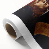 Art deco poster of Leonardo da Vinci on rolled canvas, featuring muted earth tones.