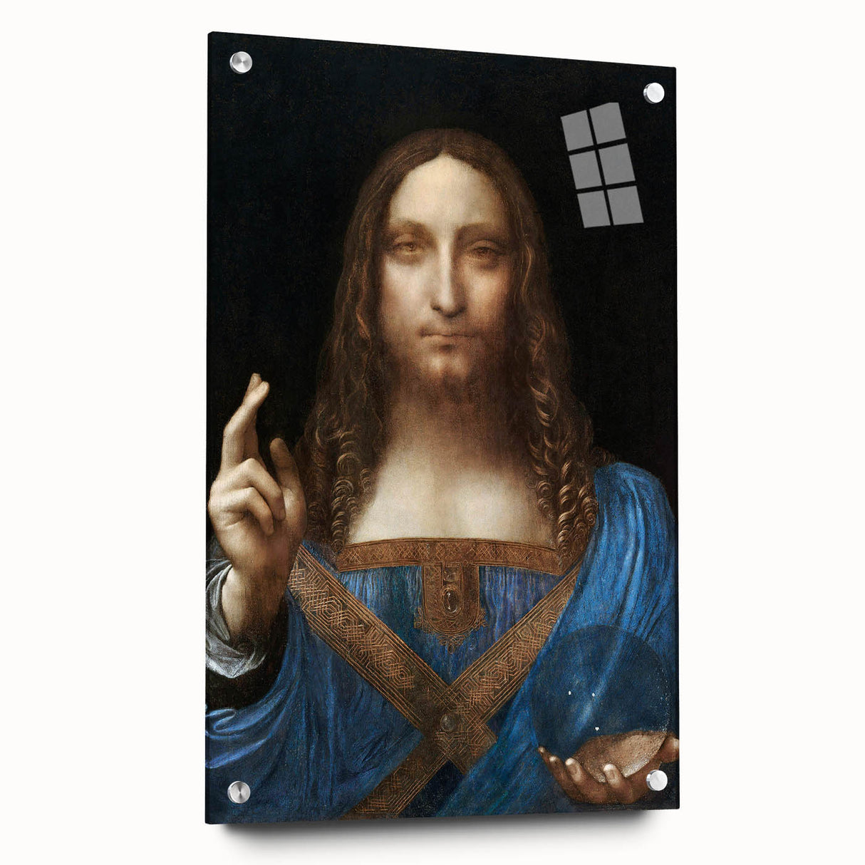 Acrylic print of Leonardo da Vinci's design, featuring muted earth tones, ideal for bedroom or dining room decor.
