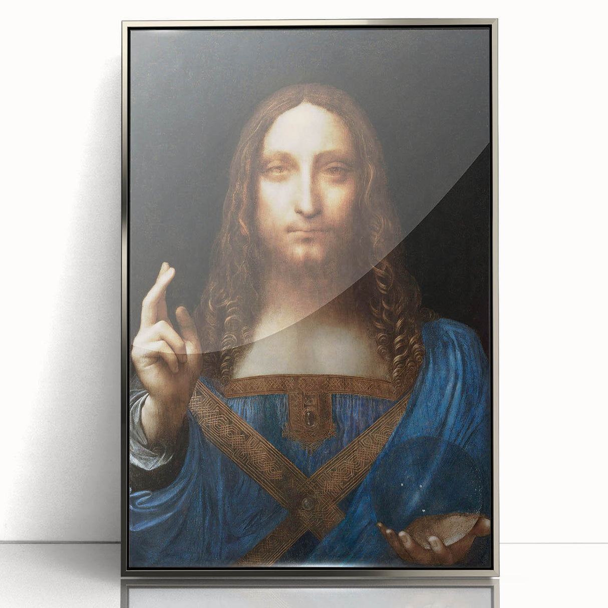 Art deco poster of Leonardo da Vinci in muted earth tones, framed acrylic, ideal for nursery wall art.