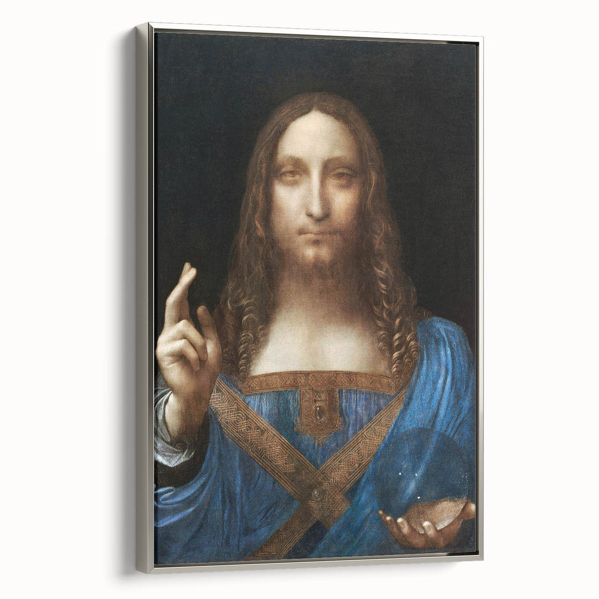 Vintage poster art of Leonardo da Vinci in muted colors on framed canvas, ideal for living room decor.